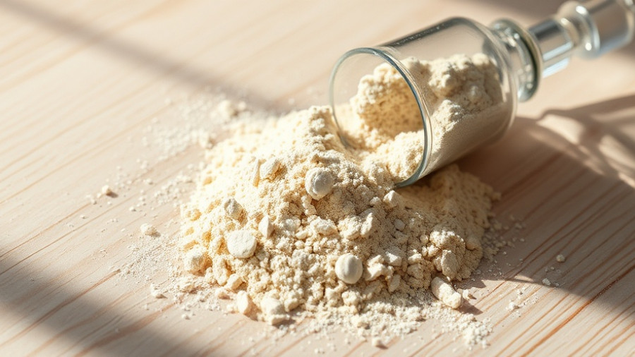 Protein powder spilling from scoop on light wood surface.