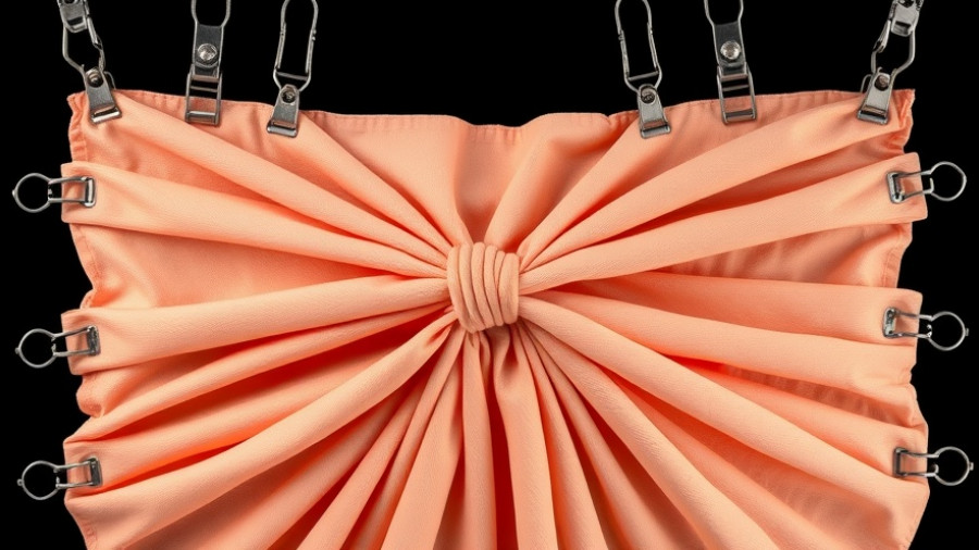 Peach fabric secured with clamps creating geometric patterns, representing deep plane facelift concept.