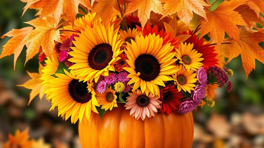 Foraged fall decor with flowers in pumpkin vase.