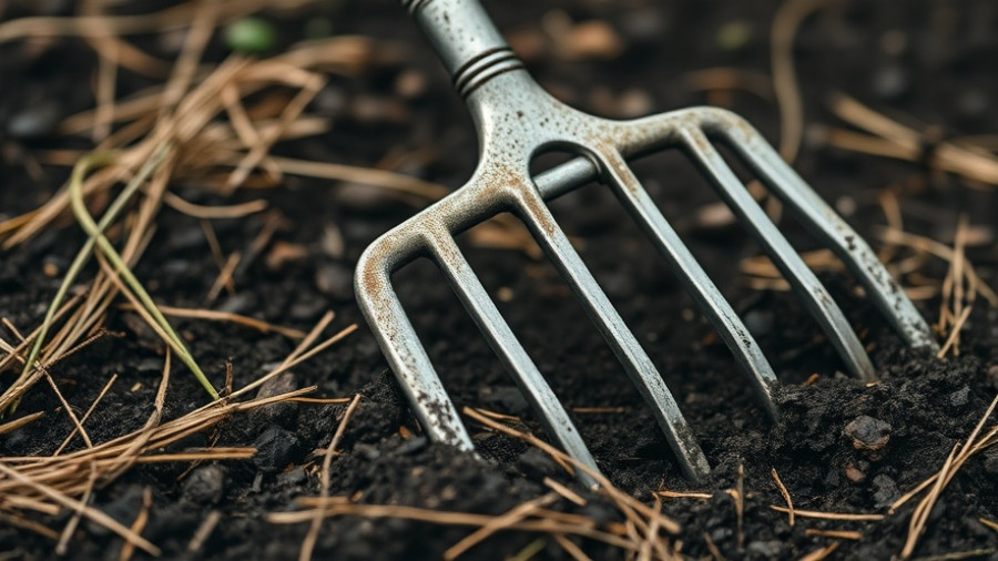 Metal garden rake on soil for building elevated planter boxes in Muskegon.