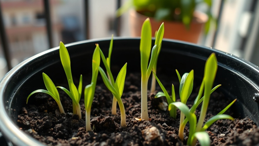 Young garlic shoots sprouting in container on balcony.