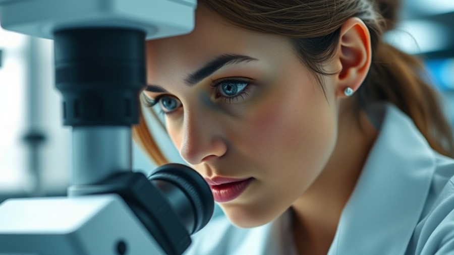 Female scientist using microscope in lab; Benefits calculator Muskegon.