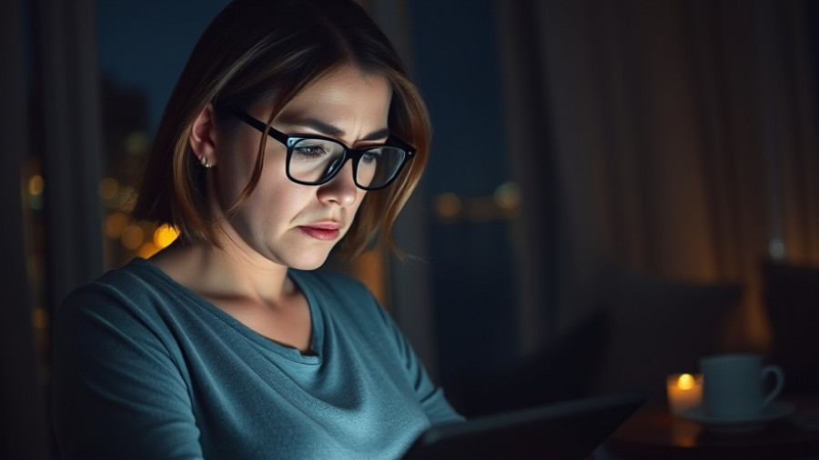 Worried woman at night reading about Kenvue stock drop.