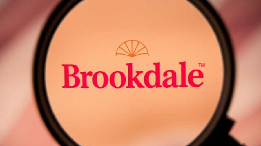 Magnified Brookdale logo under a lens, abstract orange-pink color.