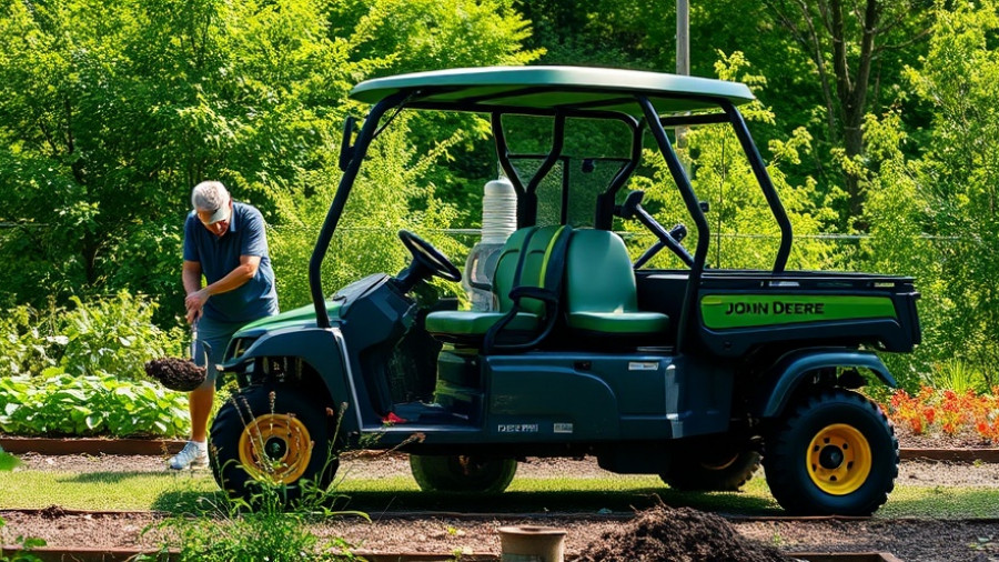 John Deere Electric UTV in garden with person shoveling soil.