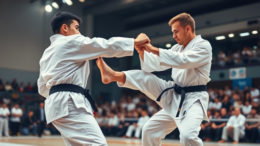 Energetic karate match at the Karate World Championships Qualification Tournament.