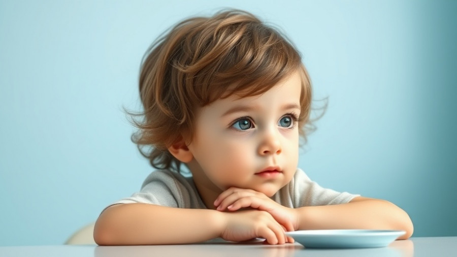 Thoughtful child sitting at a table against a blue background, Spanish version of Autism Spectrum Quotient for children.