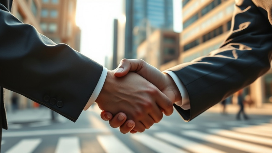 Handshake in urban setting suggesting partnership, with sunlight and shadows.