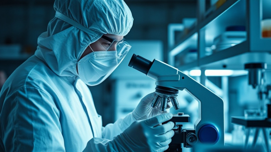 Technician in protective gear examining samples related to 3D printed dental crowns.