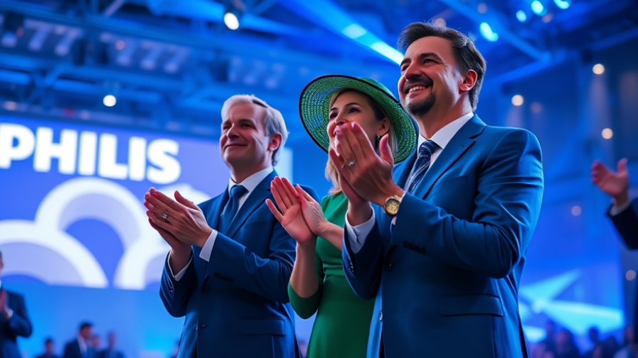 Philips strengthens health technology leadership at event with blue lighting and logo.