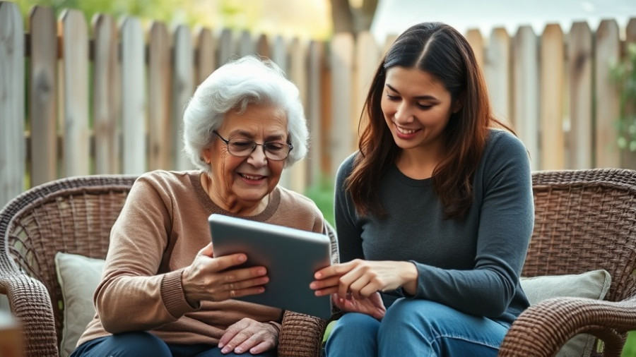 Elderly woman and younger woman in backyard sharing technology moment.