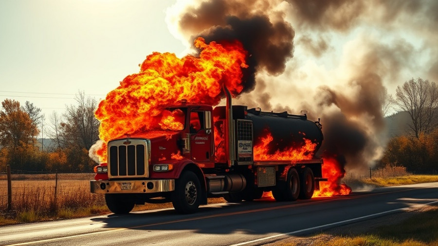 Columbia County tree service truck fire with smoke billowing.