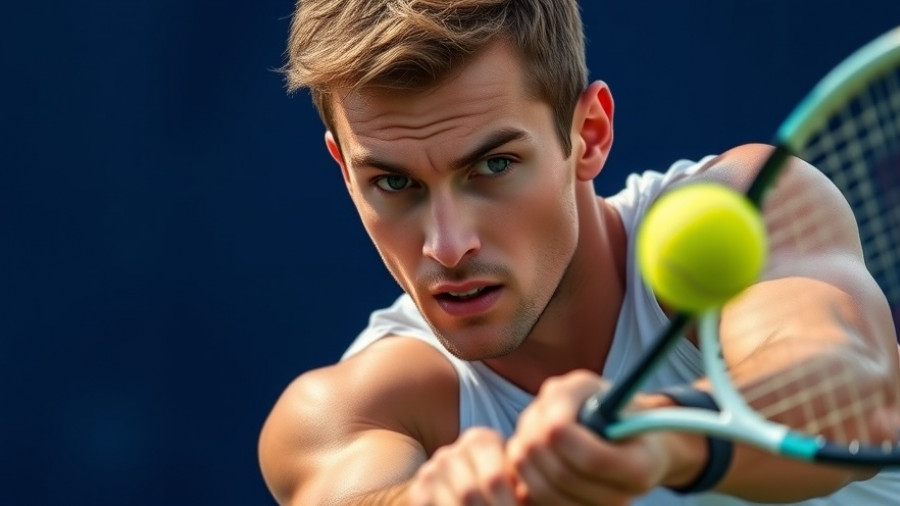Focused tennis player preparing a shot on court.