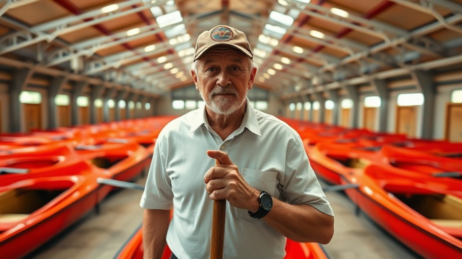 Active senior holding an oar in a vibrant boathouse.
