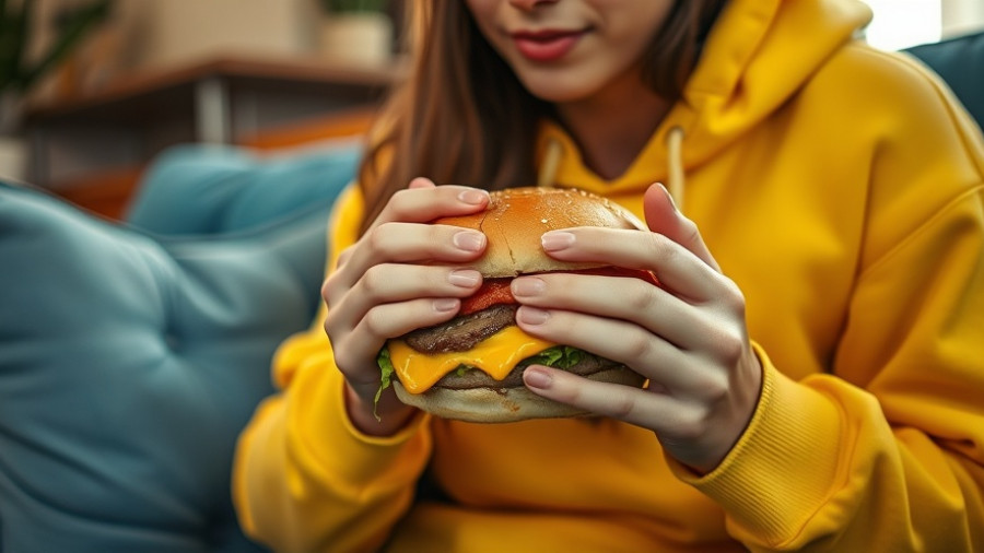 Young woman in yellow hoodie eating a burger.