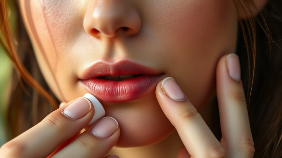 Close-up of lips with colorful nails applying lip balm.