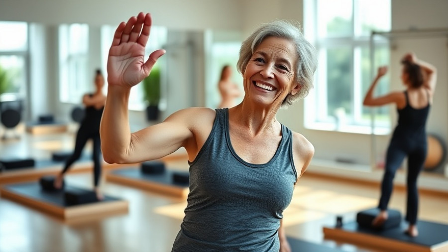 Senior woman practicing Pilates for wellness in bright studio.