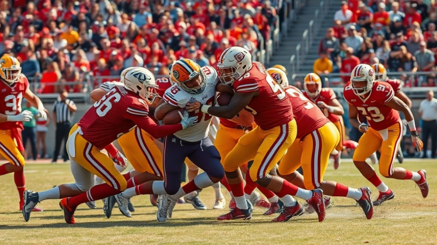 Intense football action on a well-maintained grassy field.