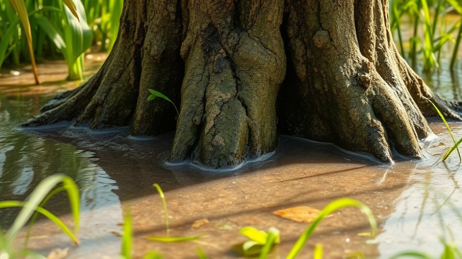 Flood-proof garden techniques Muskegon: Waterlogged tree trunk surrounded by grass.