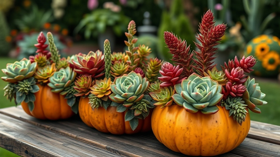 Fall-themed succulent arrangements in pumpkins outdoors.