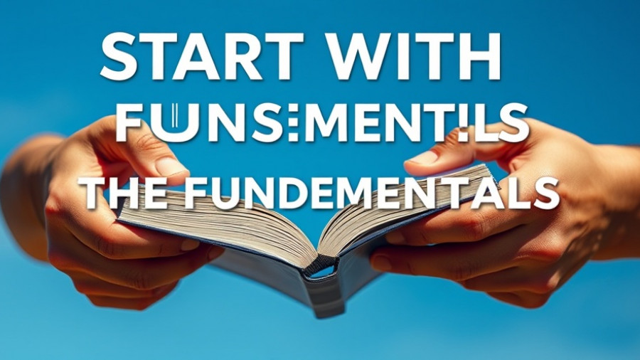 Notebook with 'START WITH THE FUNDAMENTALS' sign, clear sky.