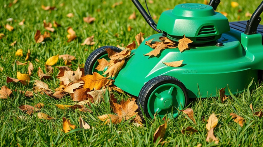 Lawn mower mulching leaves to prevent a brittle lawn in winter.