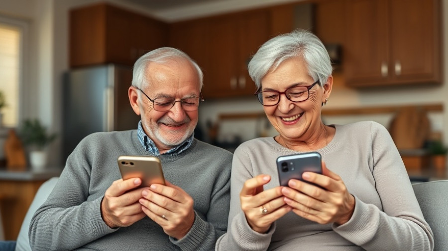 Senior couple enjoying time together on smartphones, senior discount programs.