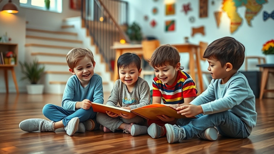 Children learning together in a well-lit room, illustrating diverse interaction.