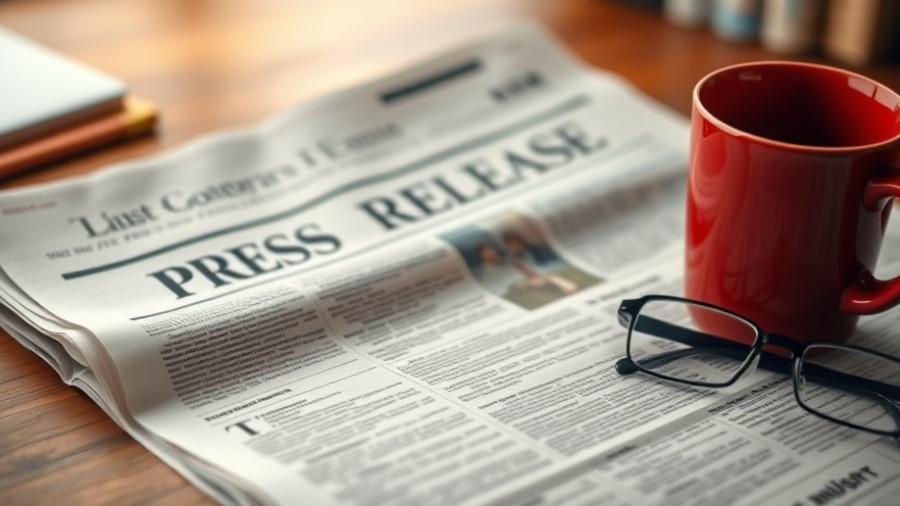 Press release on desk with coffee cup and glasses.