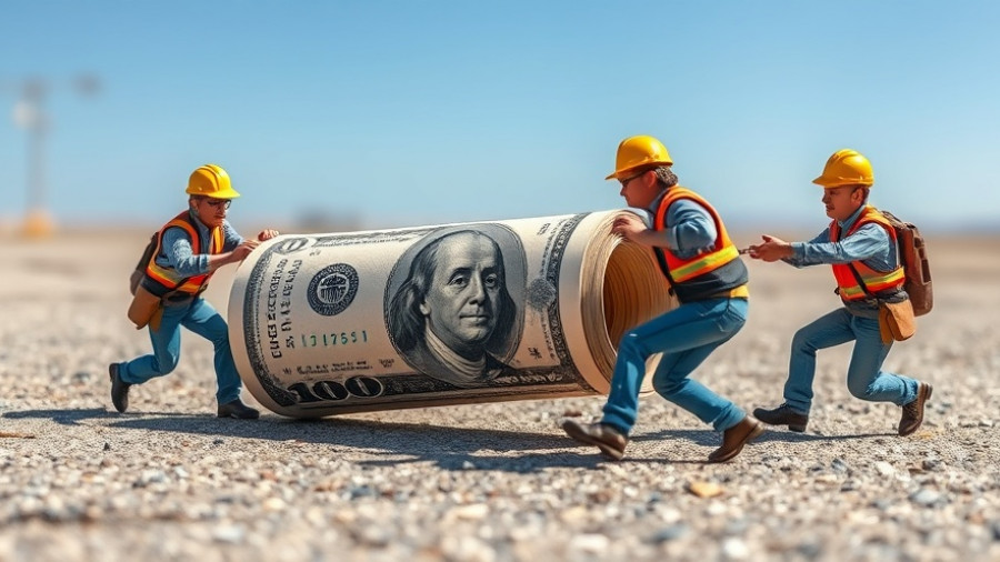 Miniature workers pulling giant dollar bills, financial goal setting for seniors.