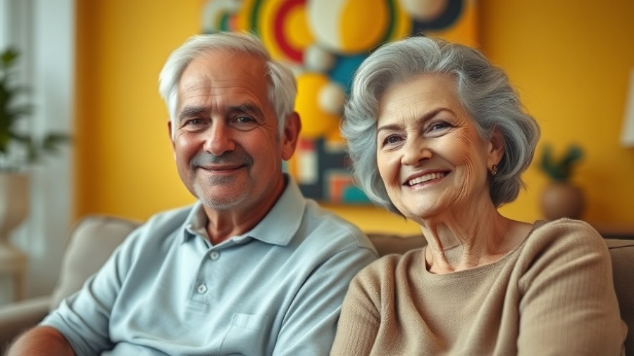 Elderly couple posing in a colorful room, minimizing regrets moving retirement.