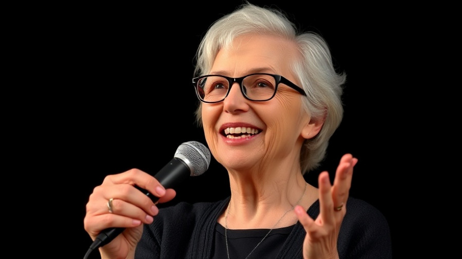 Smiling woman with microphone talks about science writing.