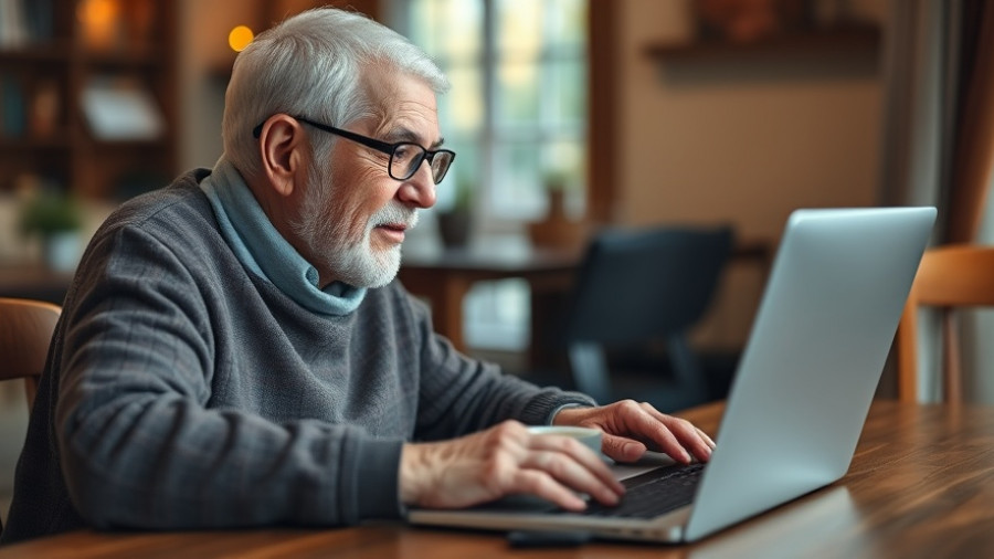 Older adult engaging with technology, wearing a hearing aid.