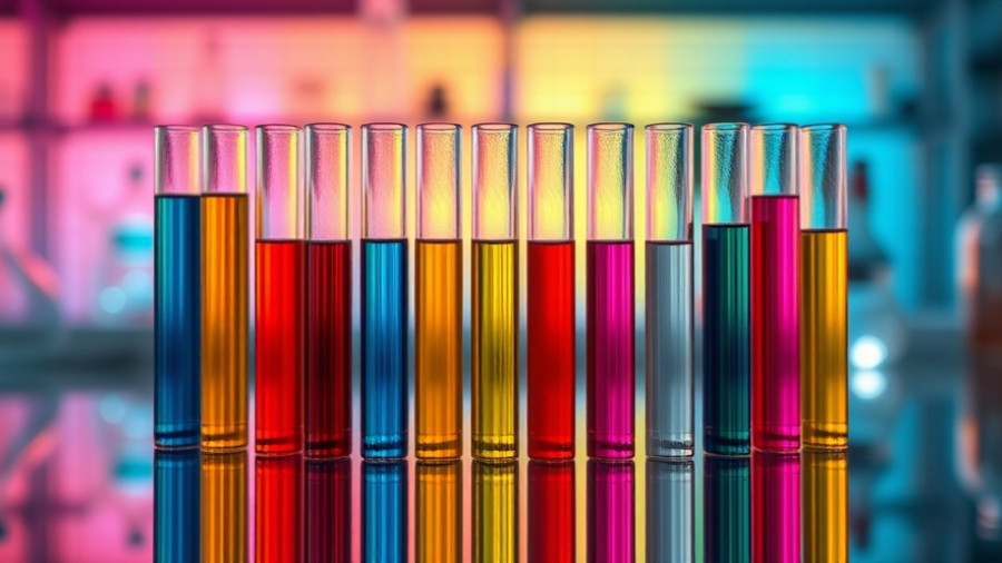Glass vials with colorful liquid in laboratory setting, vibrant reflection