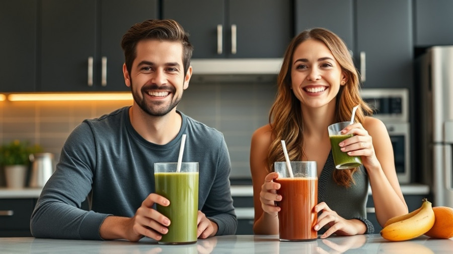Young couple enjoying nutritious smoothies in a modern kitchen.