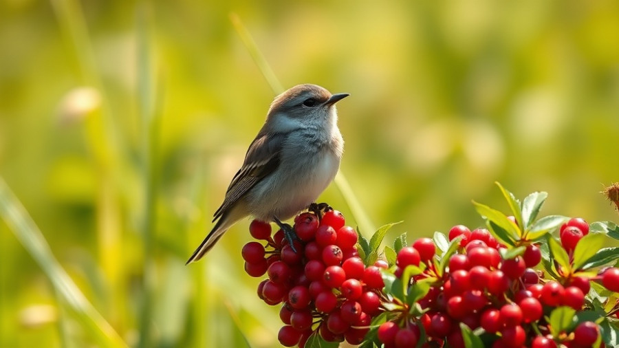 Bird perched on bush with red berries, attracting birds in October
