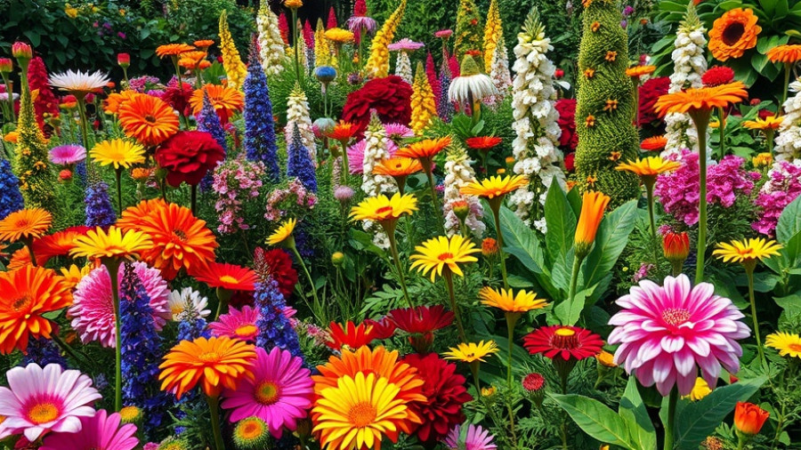 Colorful flowers in a small wildlife garden with decorations.