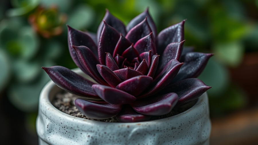 Dark and moody succulent plant in a white textured pot.