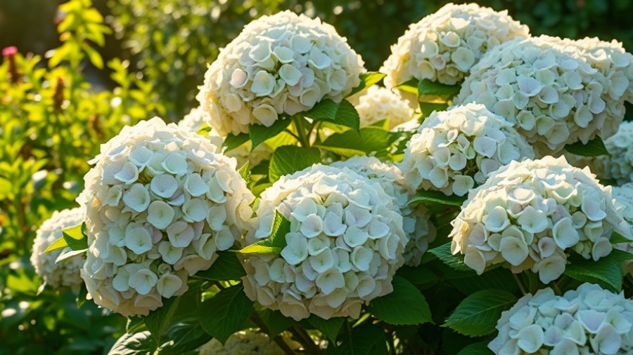 Beautiful limelight hydrangea trees glowing in sunlight.