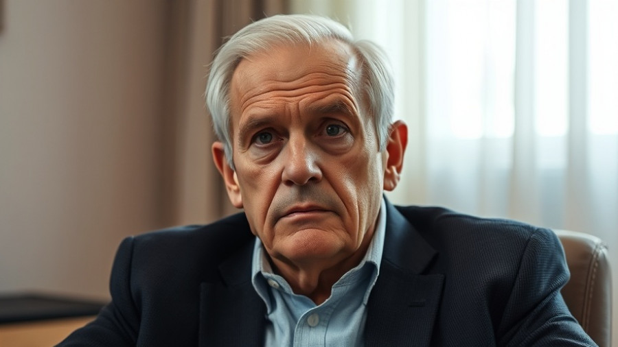 Older man with serious expression, neutral setting, SEO: ultraprocessed meals for Medicare and Medicaid recipients.