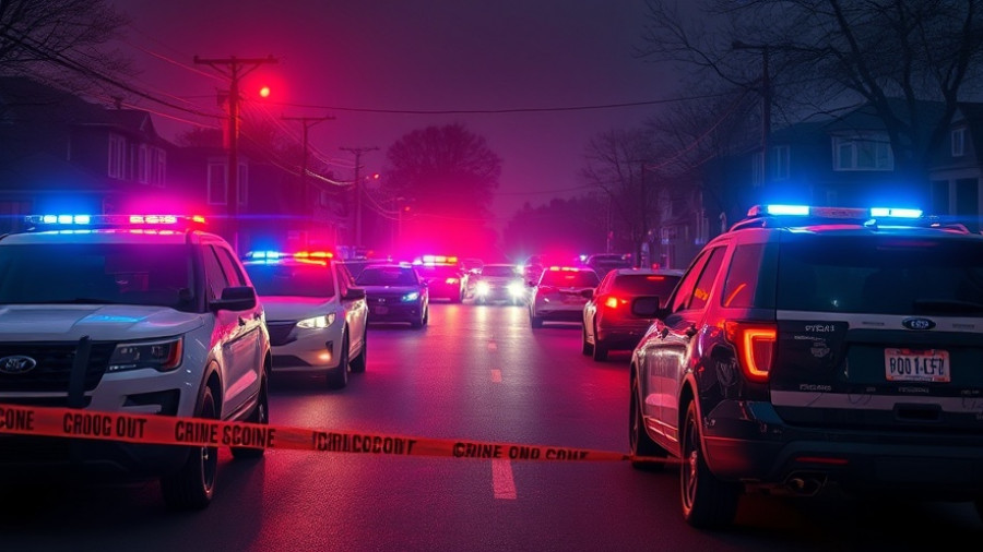 Police vehicles at night in Muskegon neighborhood, lights flashing.