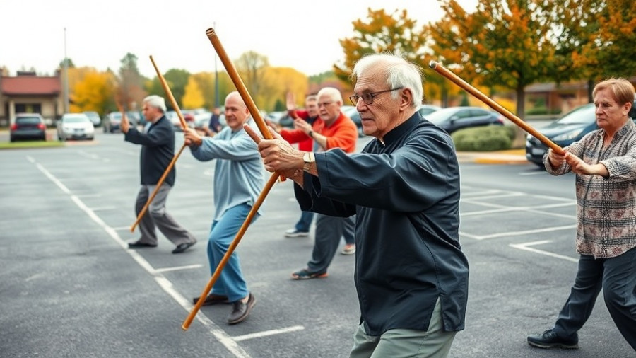 Seniors practicing Tai Chi with staffs outdoors in Muskegon.