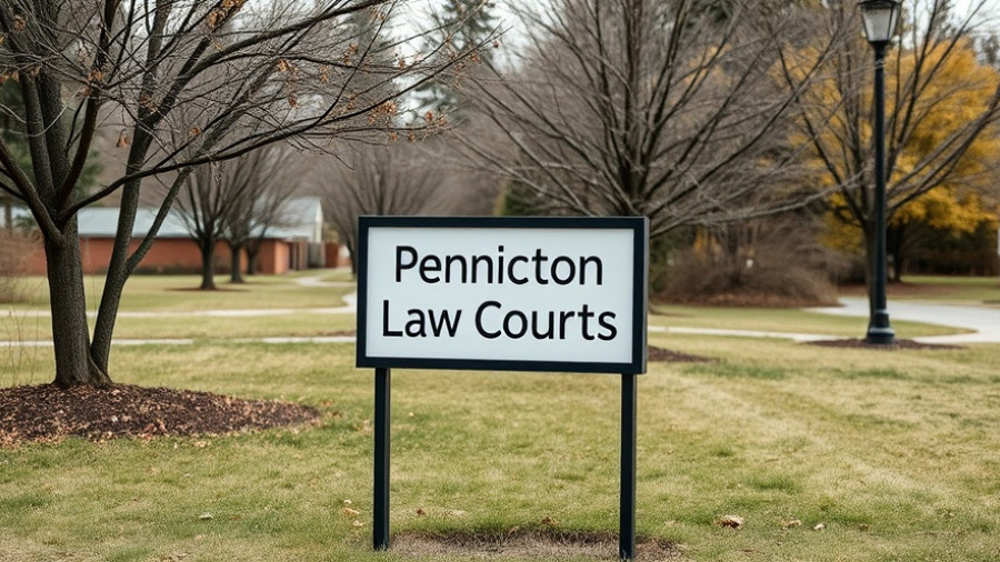 Penticton Law Courts sign in autumn setting related to Okanagan senior fraud case.
