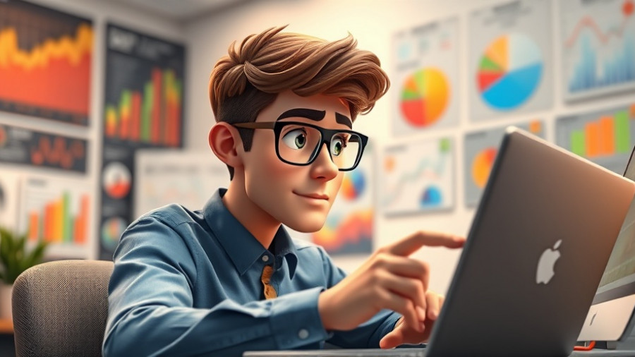 Young professional analyzing data on laptop, surrounded by vibrant office graphics.