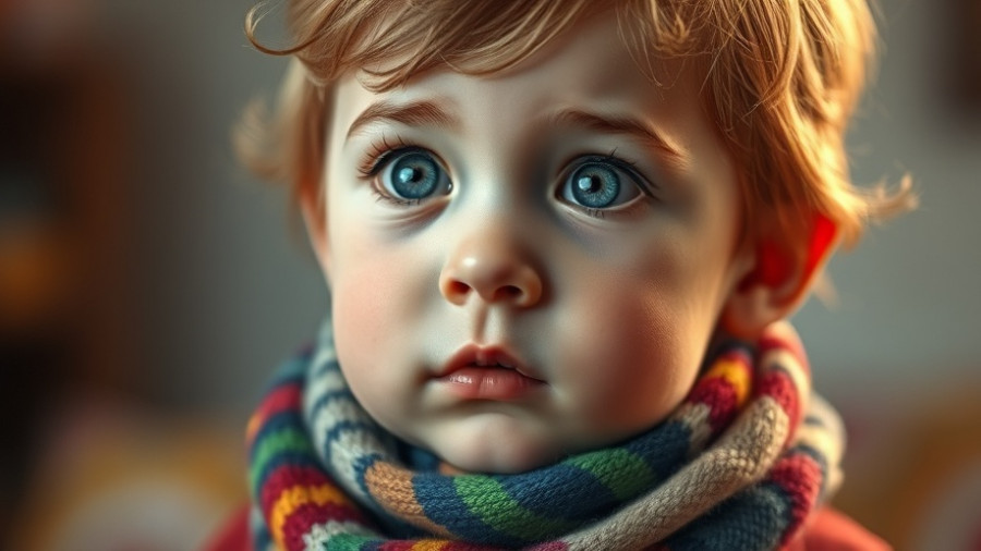 Child with colorful scarf, thoughtful gaze, vision issues in autistic children focus.