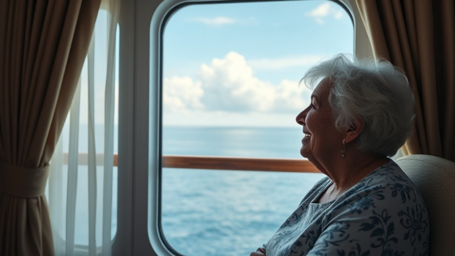 Elderly woman enjoying ocean view living permanently on a cruise ship.