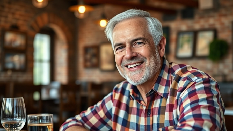 Older man smiling at a restaurant, warm ambiance.