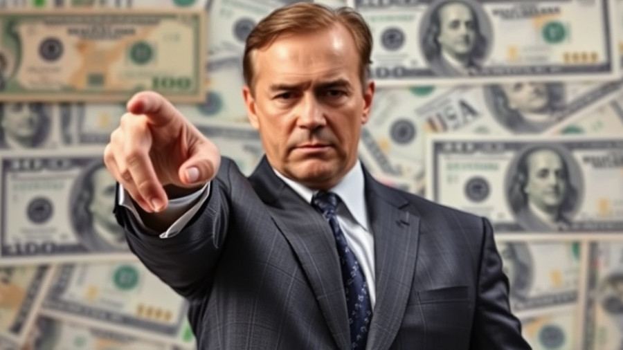 Prominent figure pointing with currency in background, Social Security.