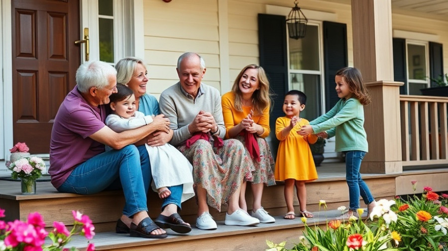 Family gathering on porch, elderly couple and children in Muskegon.