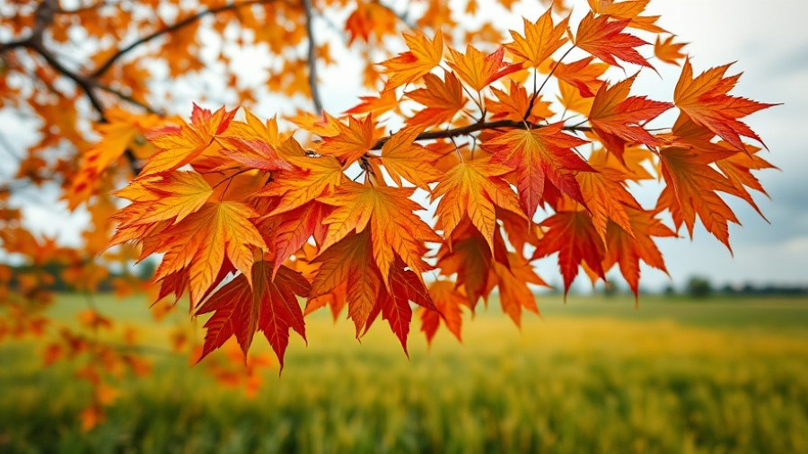 Colorful autumn tree leaves in a field under cloudy sky